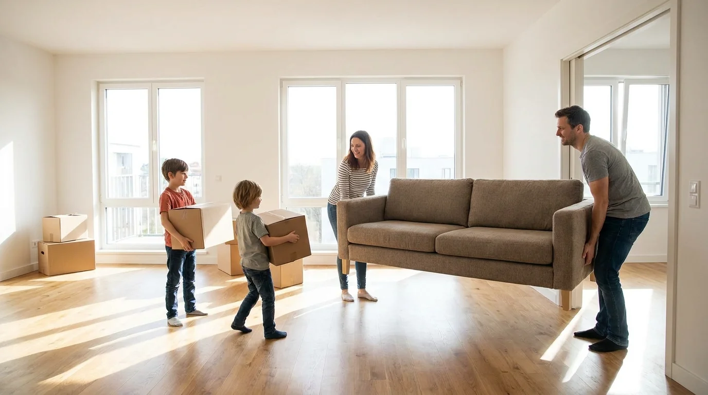 Family moving their own furniture into an unfurnished apartment in Lahore