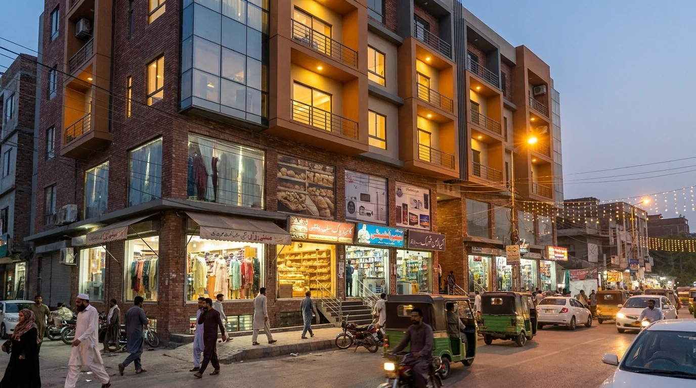 New mixed use commercial building with ground floor shops on Pine Avenue Main Boulevard Lahore