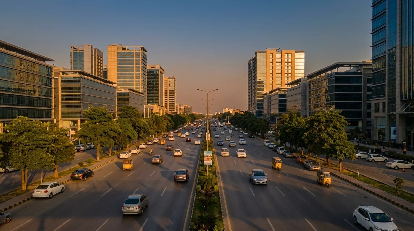 Pine Avenue Main Boulevard Lahore commercial buildings along a wide six lane road